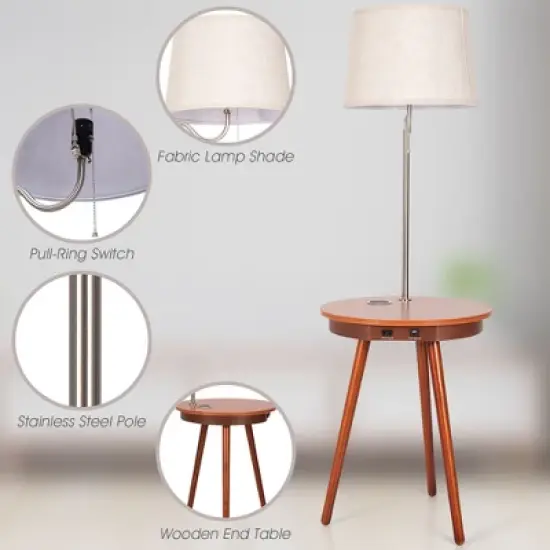 Costway End Table Lamp Bedside Nightstand Lighting with Wireless Charger Natural\Coffee image {6}