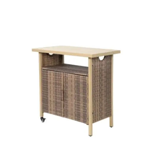 Outdoor Wicker Bar Cart, Bar Cart Outdoor With Wheels , Rolling Rattan Beverage Bar Counter Table Glass Top-Cuddlewood image {2}