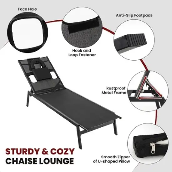Tangkula 2 Pieces Patio Sunbathing Lounge Chair w/ Face Hole & Detachable Head Pillows Poolside image {6}