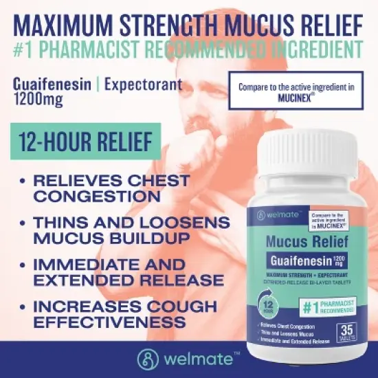 Welmate Mucus Relief | Guaifenesin 1200mg 12 Hour | 35 Count Extended-Release Tablets image {1}
