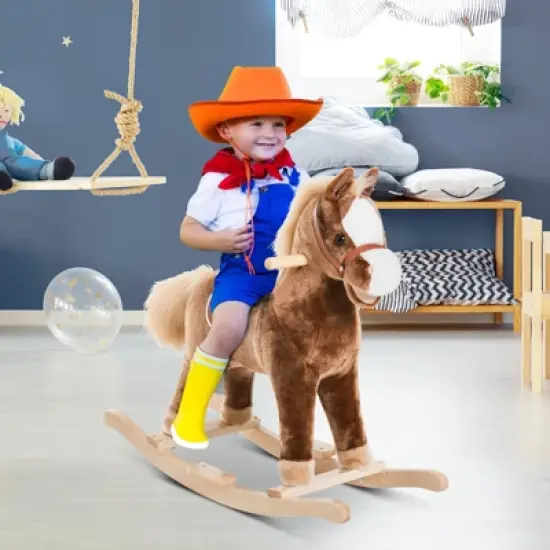 Qaba Kids Rocking Horse, Plush Toddler Rocker, Wooden Base Ride-On Toy with Handle Grip, Traditional Toy for Kids 36M+, Brown image {2}