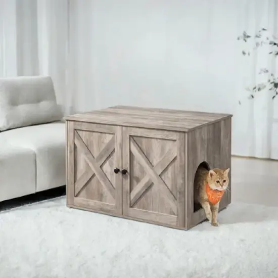 Heather Greige Cat Litter Box Enclosure. Doubles as indoor cat house & end table. Hidden design, sized 27.6 x 19.7 x 19.7 inches. image {4}