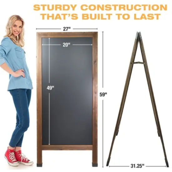 Excello Global Products Extra Large Sandwich Board Chalkboard Sign: 59"x27" Double Sided, Standing Sign A-Frame (Brown) image {3}
