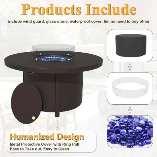 ALAULM Propane Round Fire Pit Table 48in, 40,000 BTU Auto-Ignition Round Gas Fire Pits,with Windshield,Blue Stone and Lid,for Outside Patio image {5}