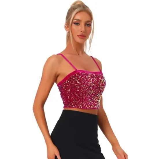 Allegra K Women's Velvet Spaghetti Strap Club Party Crop Sequined Cami Top image {18}