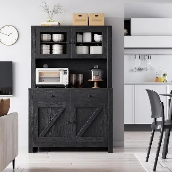 Kitchen Pantry Cabinet with Microwave Stand, Freestanding Hutch Cabinet with Buffet Cupboard,Black image {2}