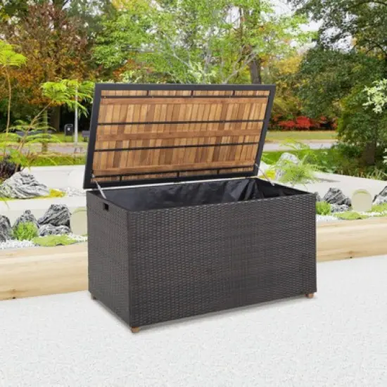 WELLFOR 134gal Patio Storage Bench PE Rattan Storage Box with Solid Wood Top image {2}