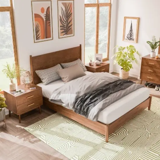 HOMES: Inside + Out 3pc Full Riverstone Mid-Century Modern Bedroom Set with 2 Nightstands Walnut image {1}