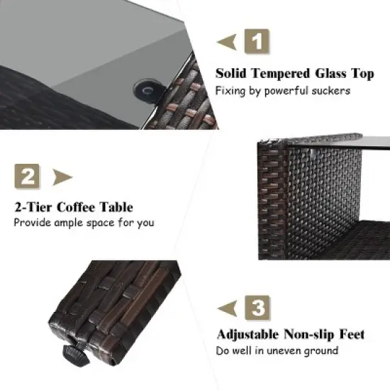 Costway 4PCS Patio Rattan Furniture Set Loveseat Sofa Coffee Table Garden W/ Cushion image {7}