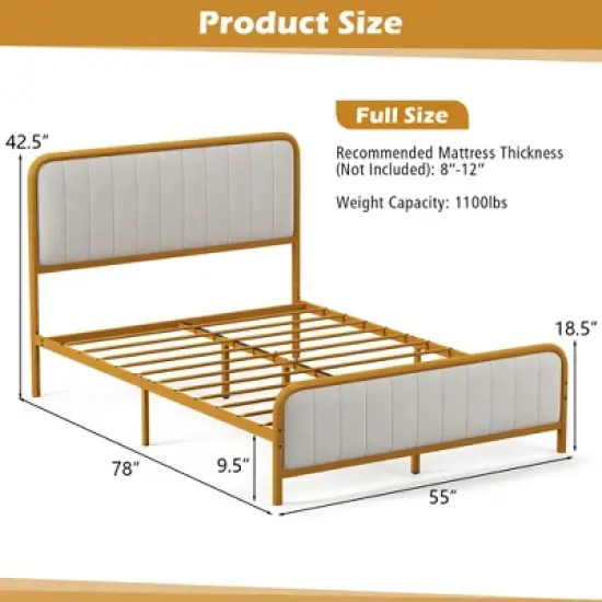 Costway Full Gold Metal Bed Frame Upholstered Platform Bed with Velvet Headboard image {2}