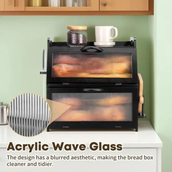 Unique Bargains Bamboo Large Double Layer Acrylic Window Bread Storage Container Black image {5}