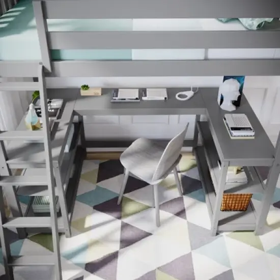 Max & Lily Twin-Size High Loft Bed with Wraparound Desk & Shelves image {3}