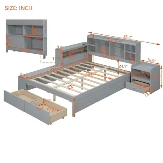 GDFStudio Oswald 4pcs Full Size Wooden Bedroom Furniture Sets with Shelves, Nightstand, Drawers and USB Ports image {2}