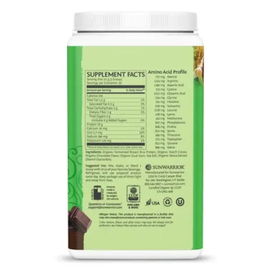 Classic Organic Protein Powder, Plant-Based Protein, Chocolate Flavor, Sunwarrior, 750gm (30 servings) image {2}