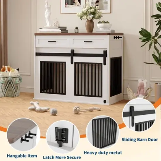 51.3" Corner Dog Crate Furniture with Rotating Feeder, Decorative Dog Crates Dog Cage TV Stand image {7}