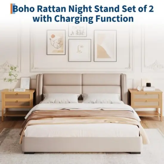 GustoWave Rattan Night Stand Set of 2,with 2 Rattan Drawers,Large Bedside Table Side Table with Open Storage Shelf, Farmhouse Nightstand image {6}