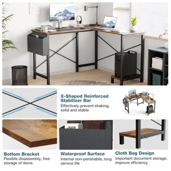 SEVOBAL Desks L Shaped Computer Desk, Gaming Corner Office Writing PC Wooden Table With CPU Storage Shelf And Side Bag, Brown, 50"*43.2"*29.5" image {3}