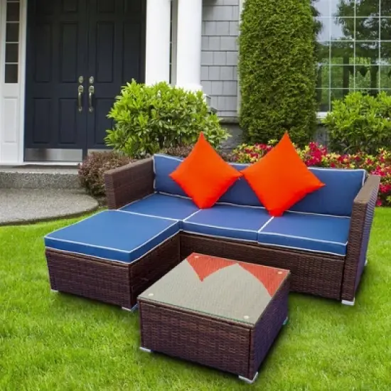 3pc Wicker Patio Sectional Seating Set with Cushions - Brown/Blue - GODEER image {2}