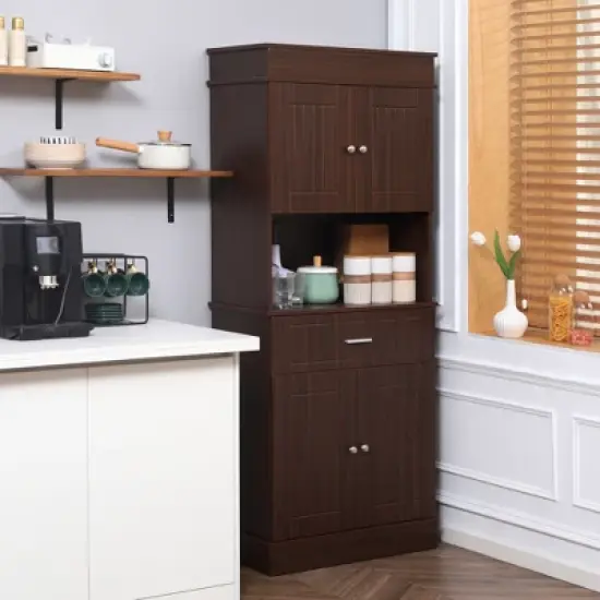 HOMCOM 72" Kitchen Buffet with Hutch, Freestanding Pantry Cupboard with Utility Drawer, Adjustable Hinge, Anti-tipping 2 Cabinet and Countertop, Brown image {2}