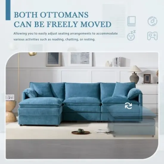 YOOCOZZ Double-Cushion Chenille Sectional Sofa with 2 Movable Ottomans and Armrest Pillows image {4}