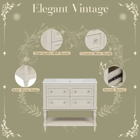 36" Bathroom Vanity with Undermount Ceramic Sink, Free-Standing Bathroom Cabinet with 4 Drawers, Solid Wood Frame, Beige/Black/White - ModernLuxe image {3}