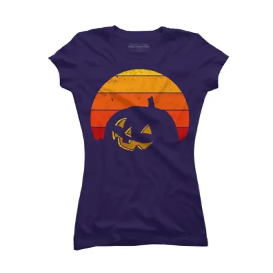 Junior's Design By Humans Vintage Retro Sunset Halloween Pumpkin I By lemonpepper T-Shirt image {6}