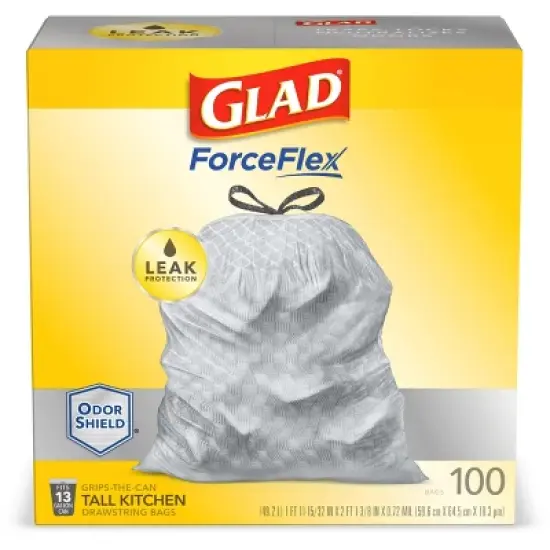 Glad ForceFlexPlus Tall Kitchen Drawstring Trash Bags - 13 Gallon White Trash Bag - OdorShield - 100ct image {1}