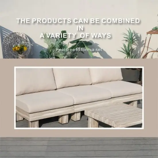 Moda Furnishings 3-person Outdoor Patio Aluminum Wood Grain Seating Group With Beige Cushions image {4}