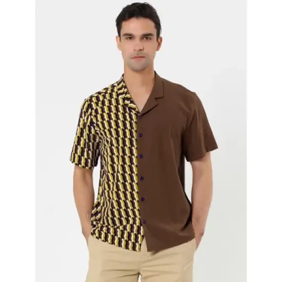 Lars Amadeus Men's Irregular Printed Summer Short Sleeve Button Down Hawaiian Camp Collar Patchwork Shirt image {2}