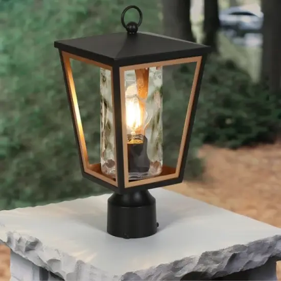 LNC Hewifda  15.7-in Black and Gold with Textured Glass Modern Outdoor Lights Lamp Posts image {1}