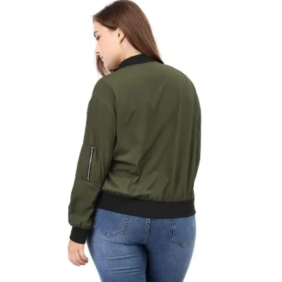 Agnes Orinda Women Plus Size Contrast Trim Zipper Pocket Lightweight Bomber Jacket image {4}