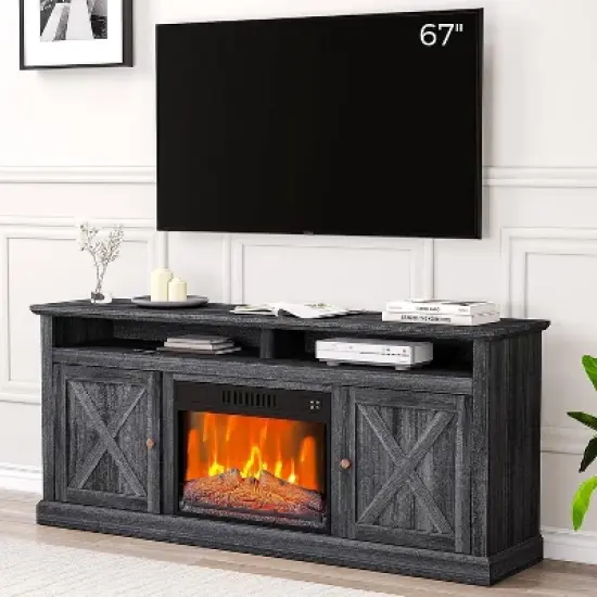 Acekool 67" Farmhouse TV Stand with Electric Fireplace, Remote Control & Adjustable Flames, Storage Cabinets image {1}
