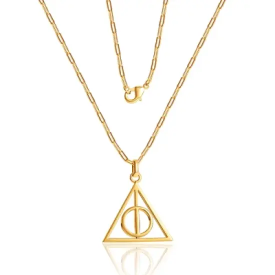 Harry Potter Womens Deathly Hallows 18KT Gold Plated Paperclip Chain Necklace with Spinning Deathly Hallows Pendant, 18" image {3}