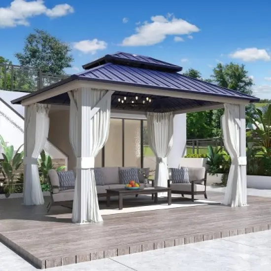 EROMMY 10' X 12' Hardtop Gazebo with Galvanized Steel Roof, All-Season Aluminum Outdoor Pergola with Netting & Curtains image {11}