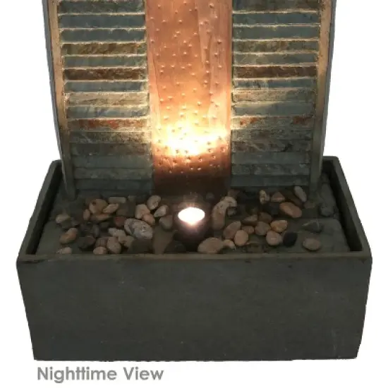 Sunnydaze 48"H Electric Natural Slate with Copper Accents Rippled Column Outdoor Water Fountain with LED Spotlight image {6}