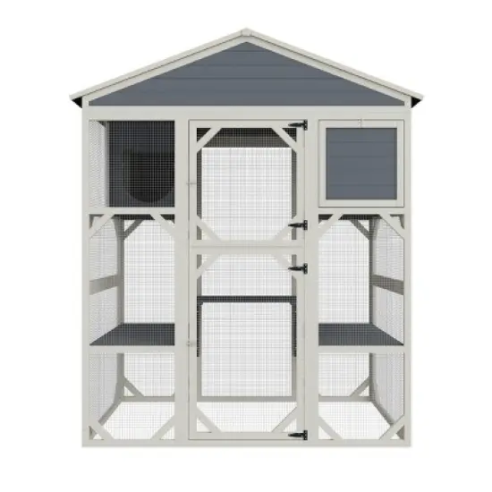 71" Wooden Outdoor Catio,Large Cat Enclosure with Waterproof Roof,3 Platforms And 2 Cozy Napping Houses-Maison Boucle image {4}
