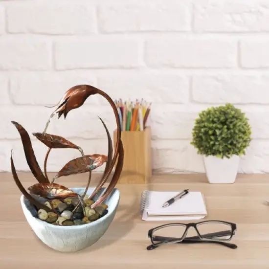 15" Indoor Metal Floral Leaf Tabletop Fountain with Stone-Filled Base Bronze/White - Alpine Corporation image {1}