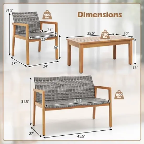 Tangkula 4-Piece Patio Furniture Set PE Rattan Patio Bistro Set with Loveseat Single Chairs & Coffee Table Outdoor Acacia Wood Conversation Set image {8}