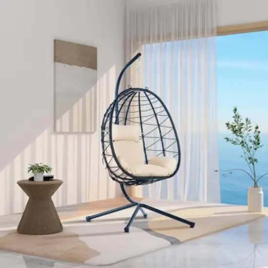 Egg Chair with Stand Indoor Outdoor Swing Chair Patio Wicker Hanging Egg Chair Hanging Basket Chair Hammock Chair with Stand for Bedroom Room Balcony image {3}