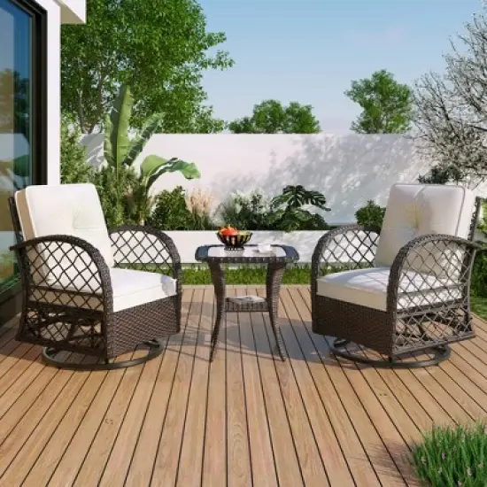 3pcs Outdoor Rattan Chat Furniture Set,  Patio Garden Seating Group Conversation Set with Swivel Chairs and Table -ModernLuxe image {13}