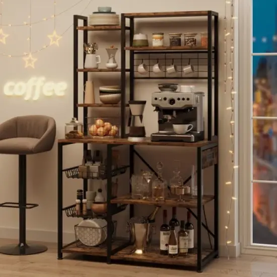 7-Tier Bakers Rack with Power Outlets,35.4 Inch Industrial Kitchen Microwave Stand with Wire Baskets image {1}