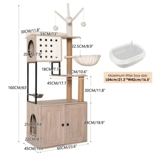 Kumasinova Modern Cat Tree Tower with Litter Box Enclosure,Cat Tower with Scratching Post&Feeding Bowl,Cat Trees with Removable Teaser Wand,Gray+White image {1}