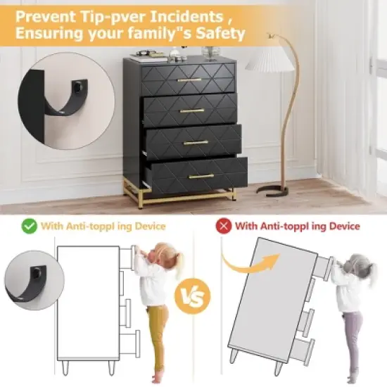 Dresser for Bedroom with 4 Drawer, Modern Dressers Chest of Drawers, with Wide Drawers and Metal Handles, Wood Dressers, Black image {5}