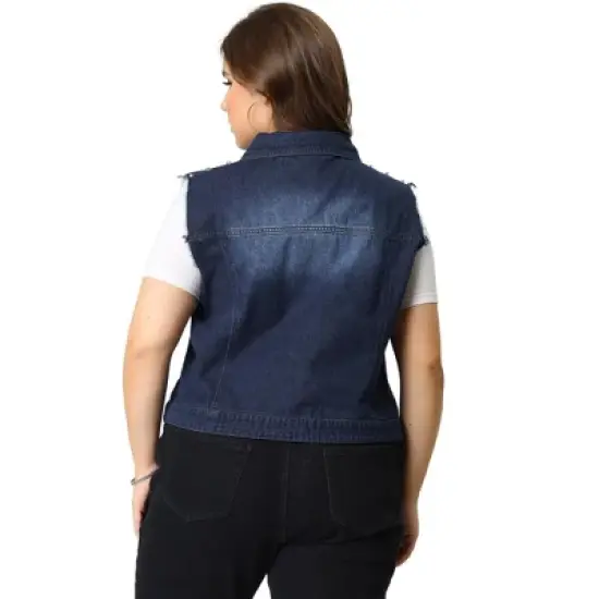 Agnes Orinda Women's Plus Jean Vest Chest Pockets Frayed Hem Single Breasted Denim Vest with Rivets image {4}