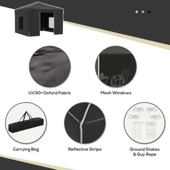 Gulches 9.7' x 9.7' Pop Up Canopy with Sidewalls, Portable Tent with 2 Mesh Windows & Reflective Strips, Includes Carry Bag for Outdoor Events (Black) image {7}