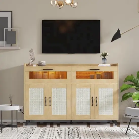 Jojoka 47inch Rustic Sideboard Buffet with Drawers & Doors, Media Console Table with Charging Station and LED Light image {2}