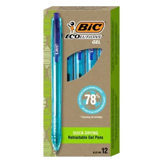 BIC Ecolutions Ocean-Bound Plastic Gel Pens, Medium Point (1.0mm), 12-Count Pack, Retractable Pens Made from 78% Ocean-Bound Recycled Plastic Excluding Ink Cartridge image {7}
