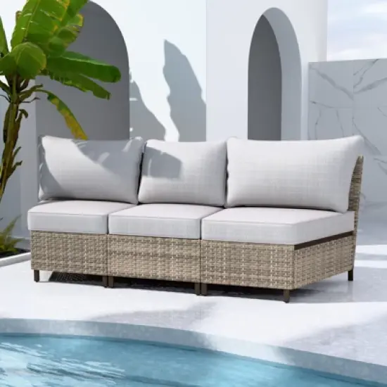EAGLE PEAK Coastal Vista  3 Piece Curved Outdoor Wicker Sofa, Outdoor Wicker Armless Chair with Cushion image {5}