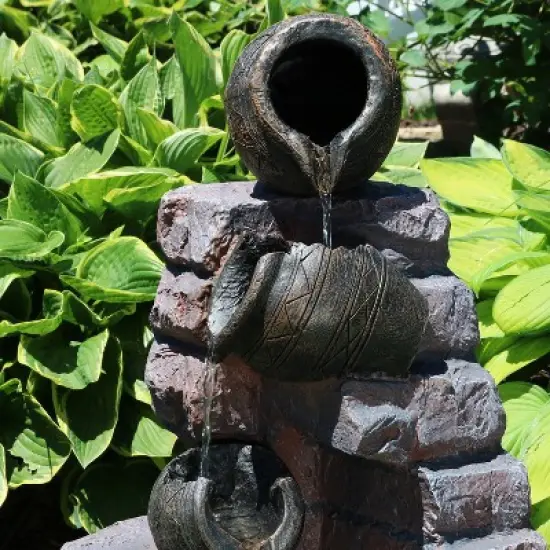 Sunnydaze Outdoor Polyresin Crumbling Bricks and Pots Solar Cascading Water Fountain with LED Lights and Battery Backup - 27" image {5}
