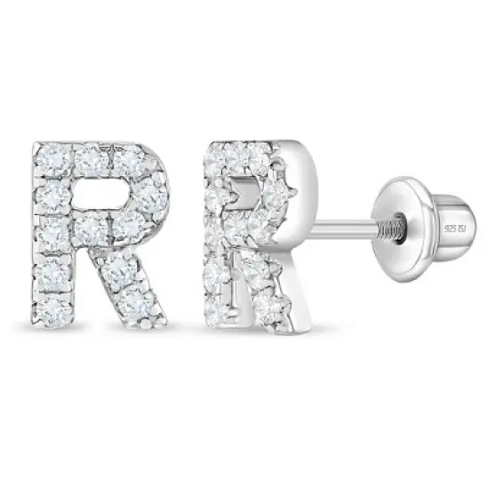 Girl's Cubic Zirconia Letter Initial Screw Back Sterling Silver Earrings - In Season Jewelry image {9}